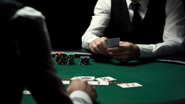 Dealer Three Card Poker di studio live sultantogel88 mengungkap kartu dengan profesional di depan multi-kamera